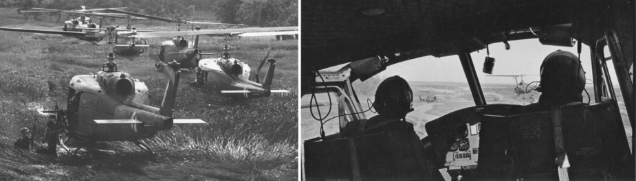 Left: Slicks preparing to embark troops in a pick-up zone in South Vietnam. Right: A view of the cockpit in a 135th AHC 'Huey'.