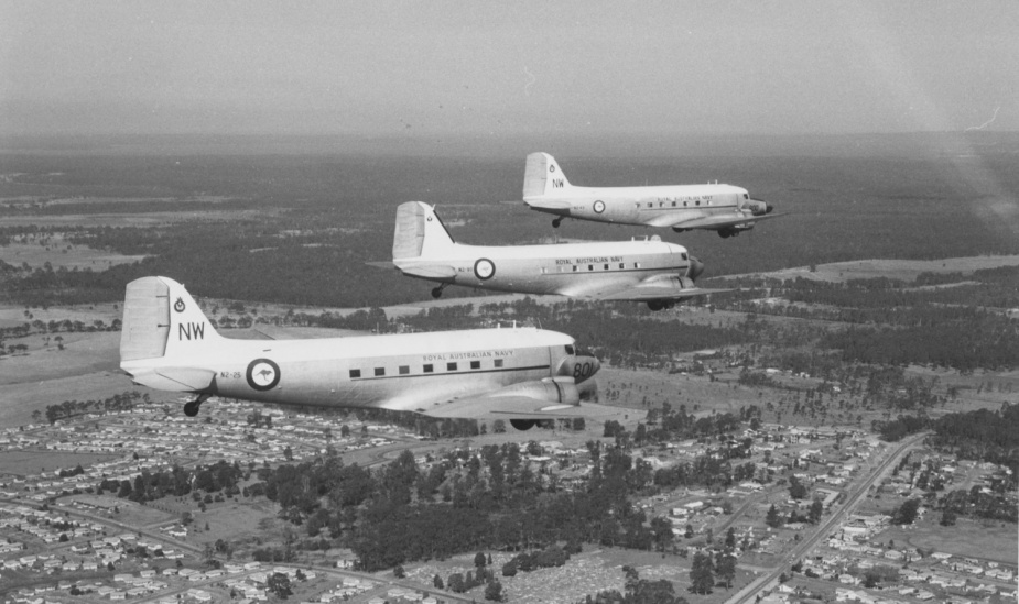 Three of the four RAN C47 Dakotas in formation over NSW.