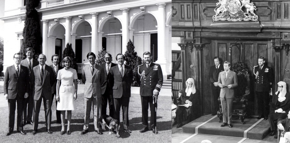 Left: With HRH Prince Charles and senior visit staff November 1974. Right: The formal opening of the NSW Parliament.