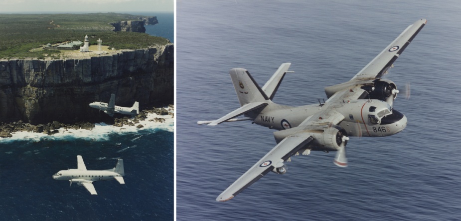 Left: HS748 aircraft in flight over Jervis Bay, NSW. Right: An S2 Tracker conducting a maritime patrol overthe Australian coast.