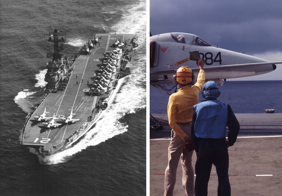 Left: HMAS Melbourne with her aircraft ranged on the flight deck. Right: An A4G about to launch from the carrier's flight deck.