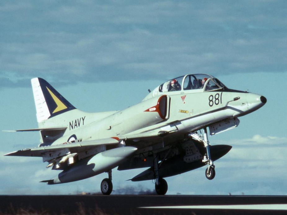 A TA4G Skyhawk trainer in VC724 Squadron 'livery' takes to the skies from NAS Nowra.