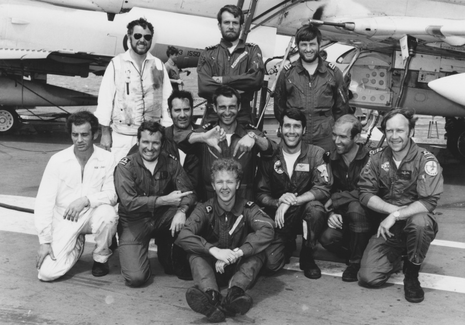 John (front left) with fellow pilots and aircrew of 805 Squadron embarked in HMAS Melbourne (II).