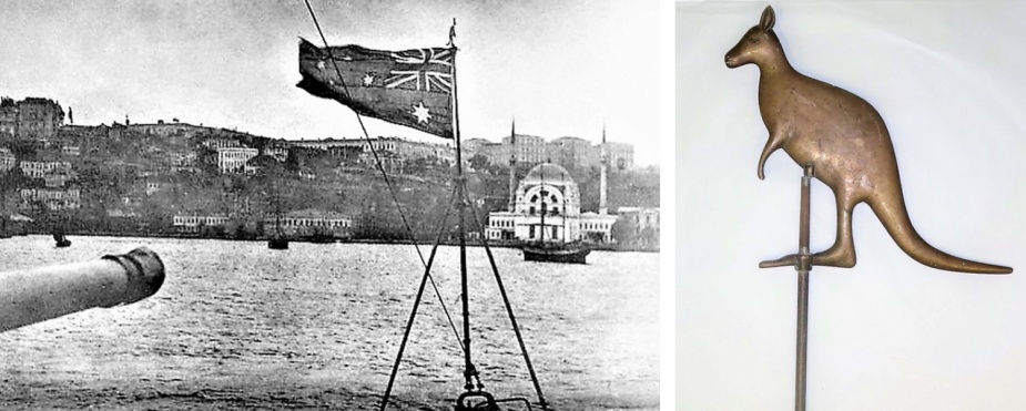 HMAS Parramatta (I) riding at anchor in Constantinople. Note the kangaroo 'finial' atop of her jackstaff. 