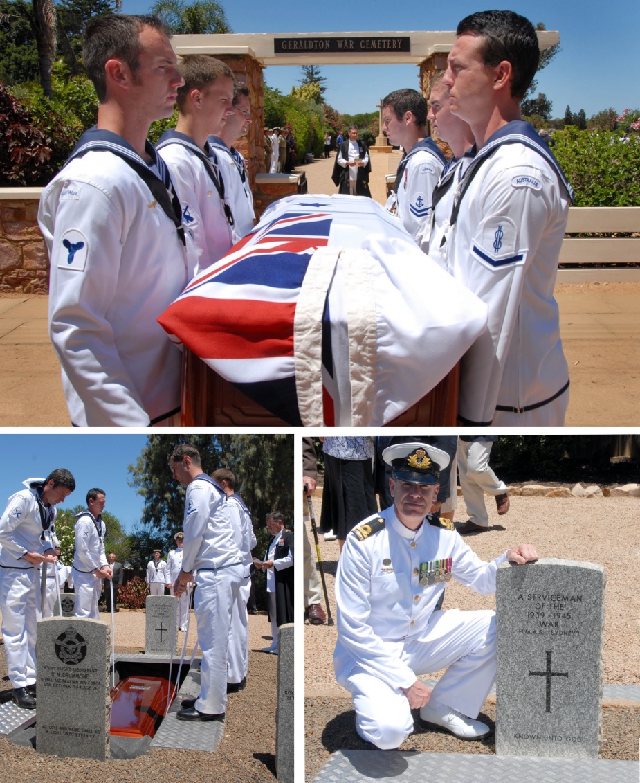 The re-burial of the unknown sailor at the Commonwealth War Graves Cemetery Geraldton, WA. RAN sailors guarded, carried and lowered his remains with full naval honours. Bottom left: Lieutenant John Perryman, RAN, pays his respects.