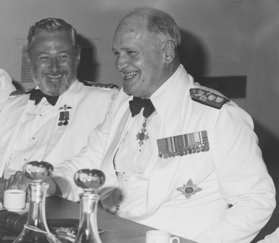 Captain John Da Costa shares a light hearted moment with the Chief of Naval Staff, Vice Admiral Sir James Willis, circa 1981.