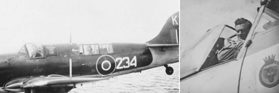 Left: LEUT John Goble, with Observer MAJ Gordon Hardcastle flying a Fairey Firefly aircraft No 234 of the RAN returning from St Kilda Island, west of Hebrides, UK in 1949. Right: ‘JD’ in a Fairey Firefly, taken from a page titled ‘The Great Goble’ in the 816 Squadron Line Book of the period.