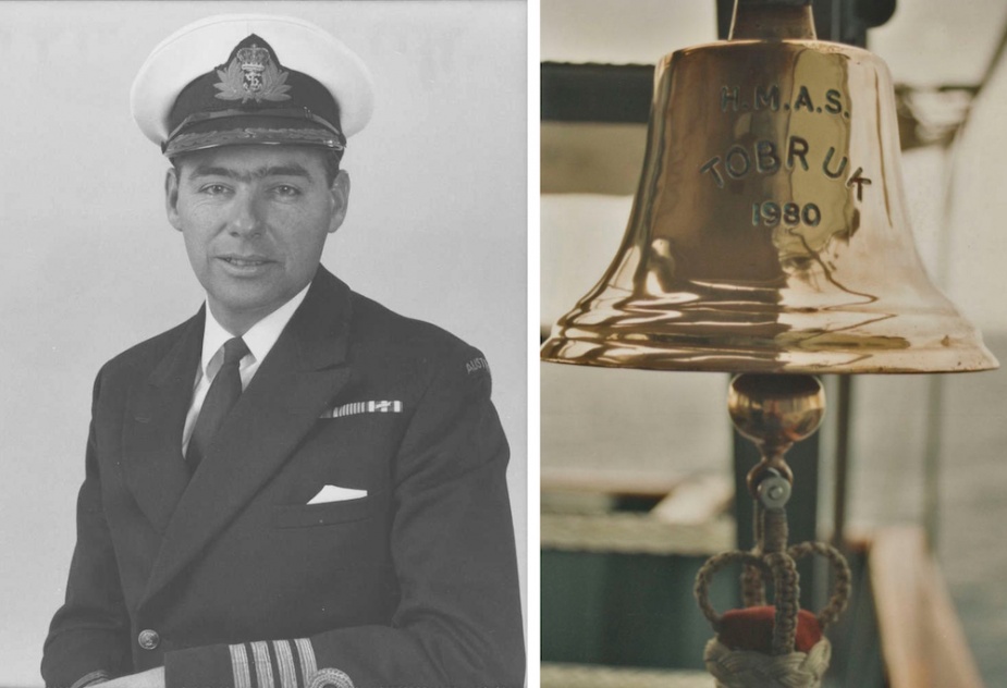 Right: Captain Kenneth A Doolan, Tobruk's first Commanding Officer. Left: HMAS Tobruk's ship's bell.