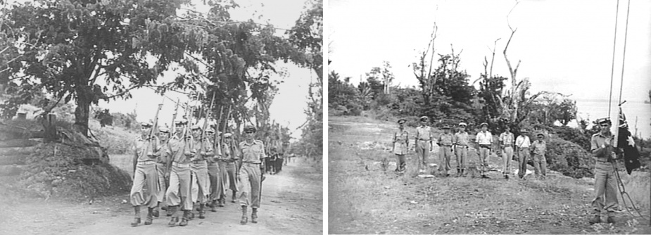 Left: An Australian New Guinea Administrative Unit Administrative Headquarters was set up at Kavieng with Captain FNW Shand, Angau district officer in charge, to operate in New Ireland and surrounding smaller islands. A RAN detachment from Kiama, shown, marching to the flagpole site for the ceremony of hoisting the Australian Flag, circa October 1945. (AWM 098434)  Right: An Australian RAN rating from Kiama about to hoist the Australian Flag on a Japanese rigged flagpole at the Australian New Guinea Administrative Unit Administrative Headquarters. Officers of the AIF, RAN and RAAF are in the background. (AWM 098347)