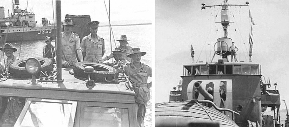 Left: His Royal Highness, the Duke of Gloucester, Governor-General of Australia, coming in on a launch at Motupena Point for an inspection of 3 Division Area, circa July 1945. L-R: unidentified; unidentified; His Royal Highness, the Duke of Gloucester; Lieutenant-General VAH Sturdee, General Officer Commanding First Army; unidentified; Lieutenant-General SG Savige, General Officer Commanding 2 Corps. HMAS Kiama can be seen in the background (AWM 093678). Right: The bridge and mast of Kiama, as seen from the forecastle. (AWM 078155)