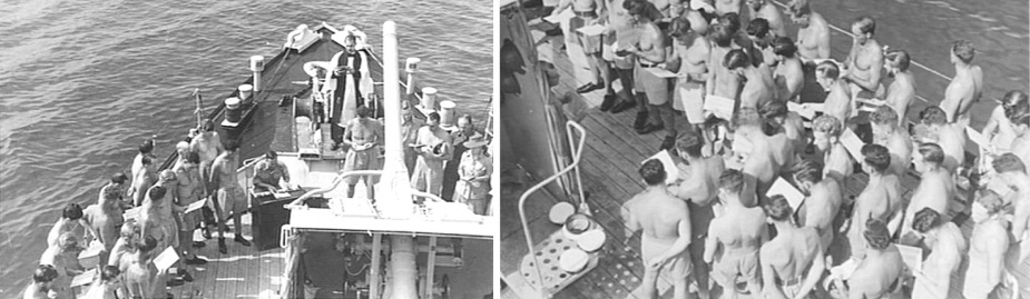 A navy church service being conducted on board HMAS Kiama in Bougainville, circa July 1945. The service was conducted by Chaplain FO Hulme-Moir, Headquarters 2 Corps. Personnel from HMAS Lithgow and HMAS Dubbo also attended the service. The organist was Lieutenant-Colonel RR Winton, deputy assistant director of medical services, Headquarters 2 Corps. (AWM 093765)