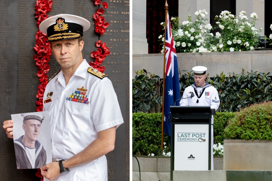 Left: The then Chief of Navy, Vice Admiral Mike Noonan, AO, RAN, had been an early supporter of the initial search to locate the remains of Able Seaman Clark and it was fitting that he was identified 'on his watch'. Right: Leading Seaman Mitch Rodway, a crew member of HMAS Sydney (V), shares a reading during the Australian War Memorial Last Post Ceremony, 19 November 2021. 