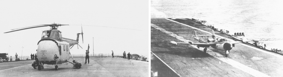 The first aircraft to land on HMAS Melbourne. Left: A Royal Navy Westland Whirlwind. Right: A Hawker De Havilland Sea Venom.