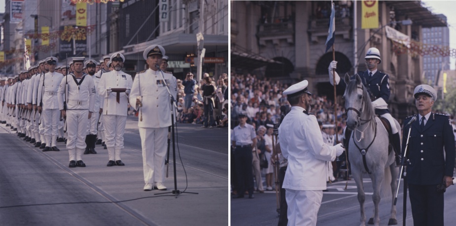 Left: Warrant Officer Signals Yeoman (WOSY) Harry Kime was selected for the role of Scroll Officer, a just recognition of his tireless efforts within the communications branch. Right: The representative for Victoria Police issues a decree to WOSY Kime and the assembled Cerberus guard.