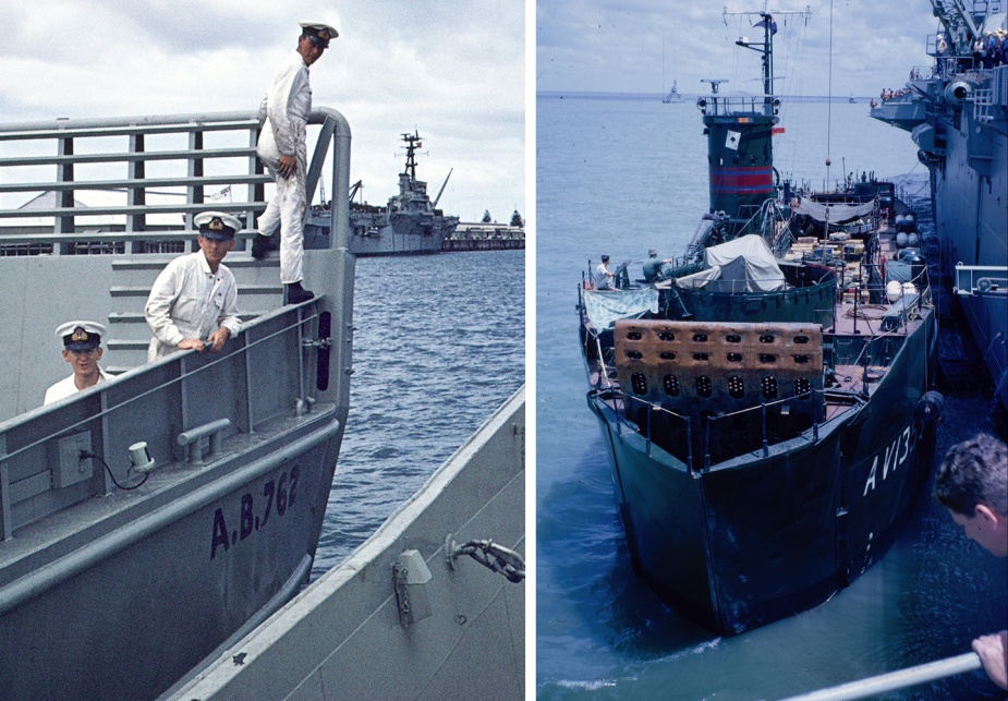 Left: RAN midshipmen were responsible for overseeing the ferrying of troops and stores ashore in Vung Tau. Right: The Australian Army vessel William Sturdee assists in unloading Sydney at the end of one of her voyages.