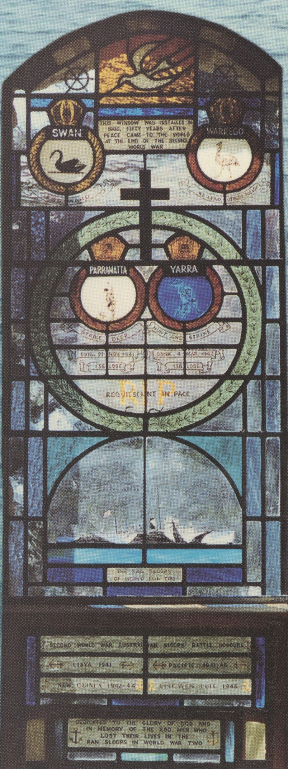 This National Memorial stained glass window was dedicated to the greater glory of God on 24 September 1995 in St Mark's Chapel HMAS Cerberus. The window was designed and crafted by Commodore Dacre Smyth, AO RAN (rtd)