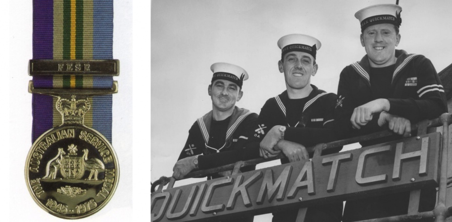 Left: The Australian Service Medal with FESR clasp was awarded to personnel who served more than 30 days with the Far East Strategic Reserve. Right: Sailors from HMAS Quickmatch in ceremonial dress.