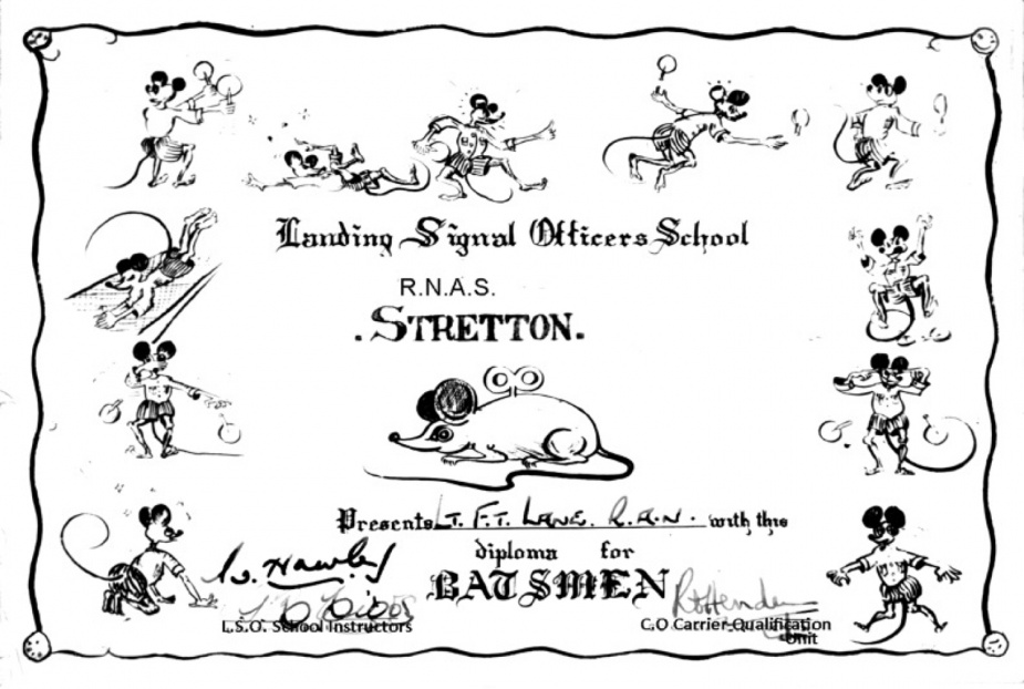 A humorous certificate issued to Lieutenant Lane during his time at Royal Navy Air Station Stretton. 