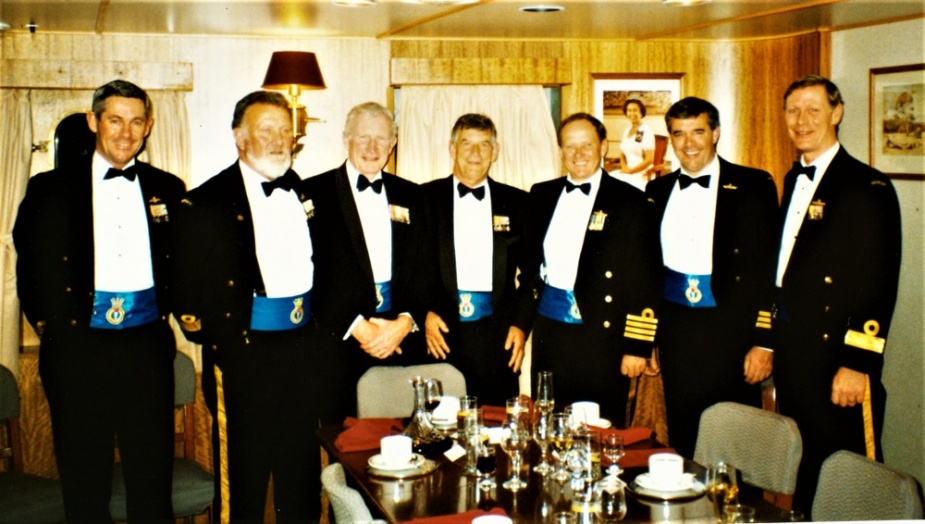 Commanding Officers of HMAS Success on the 10th anniversary of her commissioning, from left, CAPT DJ Ramsay; CDRE GV Sloper; CAPT RT Derbridge; CDRE JG Longden; CAPT JS Moore; CMDR MS Campbell; CDRE JS O'Hara; circa 1996. (JS O'Hara collection)