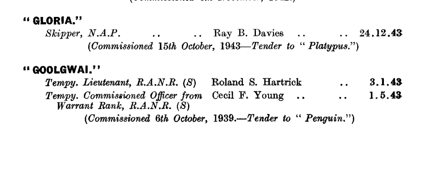 HMAS Gloria first appeared in the January 1944 edition of the Navy List: https://seapower.navy.gov.au/sites/default/files/documents/Navy_List-January-1944.pdf