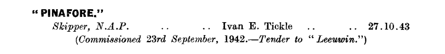 HMAS Pinafore first appeared in the January 1944 edition of the Navy List: https://seapower.navy.gov.au/sites/default/files/documents/Navy_List-January-1944.pdf