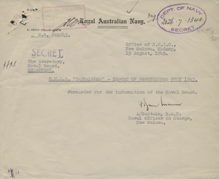 Reports of Proceedings submitted by the Commanding Officer of HMAS Tangalooma can be found at: https://www.awm.gov.au/collection/C1420180?image=6(AWM collection)