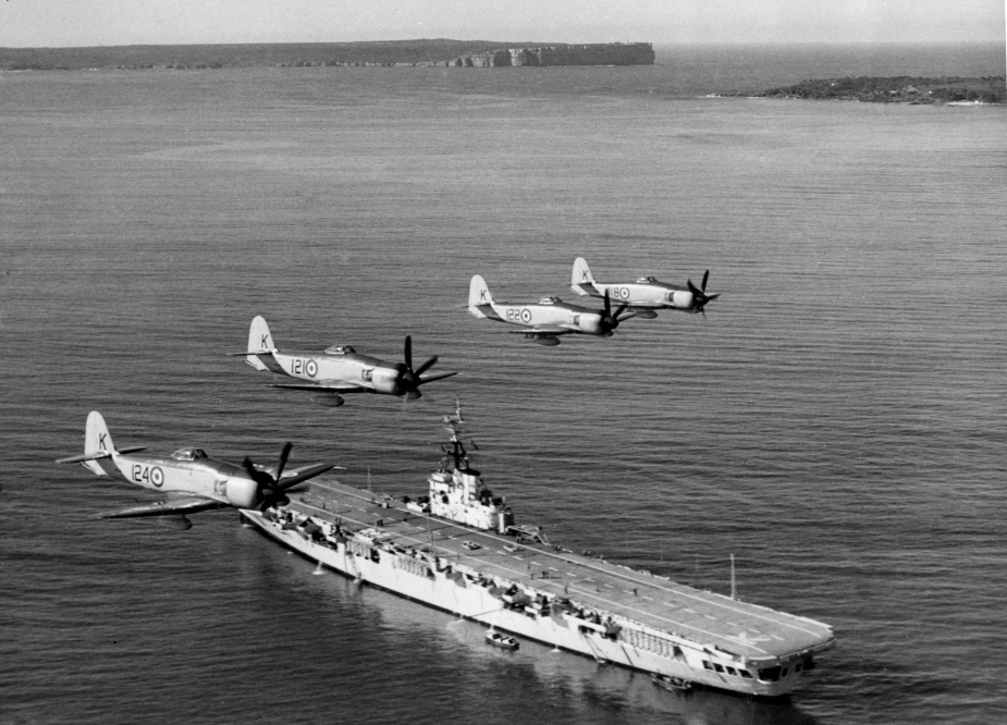 Sea Furies fly over Sydney while anchored in Jervis Bay, NSW.