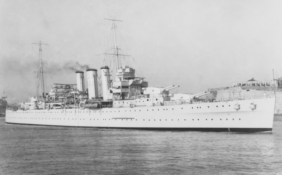 Shropshire in her early war configuration entering Grand Harbour, Malta.