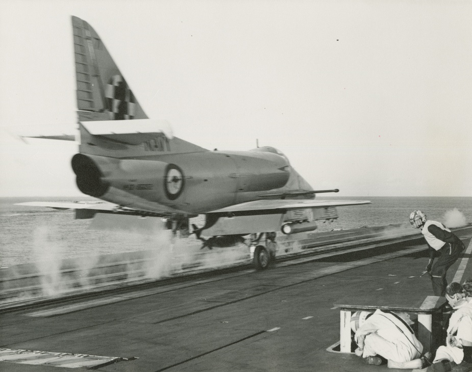 A Skyhawk launches from Melbourne on a maritime strike mission during Exercise KANGAROO 1.