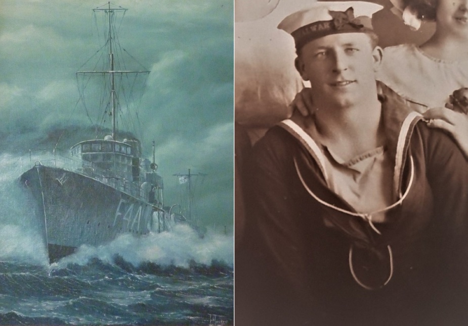 Left: HMAS Stalwart by Ian Hansen (Naval Heritage Collection) Right: Sidney Weston proudly wearing his HMAS Stalwart cap ribbon