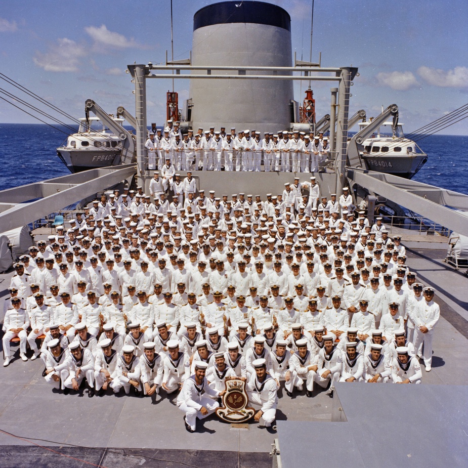 HMAS Stalwart ship’s company assembled on a beautiful day at sea, circa 1980.