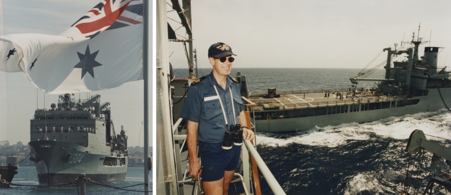 Left: Success returning to Fleet Base East following her SE/NE Asian deployment in 1997. Right: WOSY DJ Perryman watches on as Tobruk refuels from Success during Operation BELISI in January 1998.