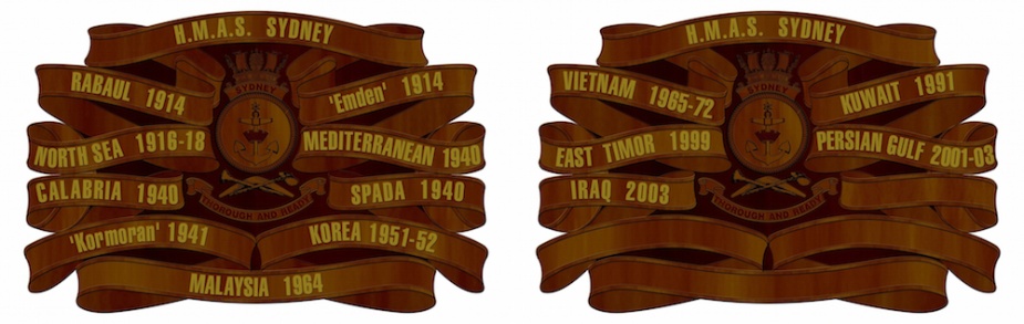 The Campaign and Battle Honours carried by HMAS Sydney (IV) representing the collective service of each of the ships that have carried the name of Australia's largest city.