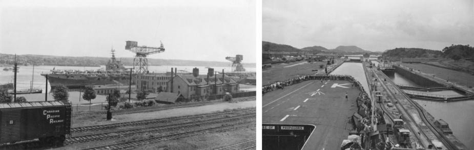 Left: HMAS Sydney (III) berthed in Halifax, Nova Scotia. Right: Sydney negotiating the locks of the Panama Canal.