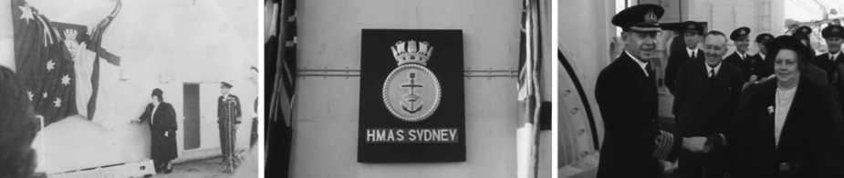 Mrs JA Beasley, wife of the Australian High Commissioner to the UK, unveils HMAS Sydney (III)'s official badge during the commissioning and naming ceremony. Right: Captain Dowling congratulating Mrs Beasley.