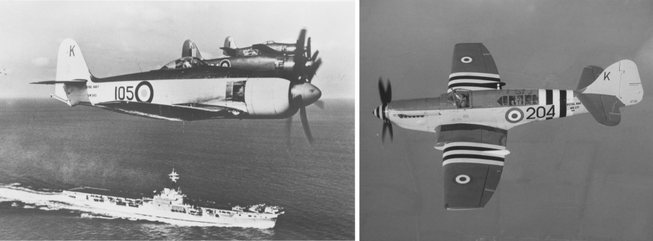 Left: Sea Fury aircraft fly over Sydney. Right: One of Sydney's Firefly fighter bombers. Both types of aircraft gave valuable service during the Korean War.