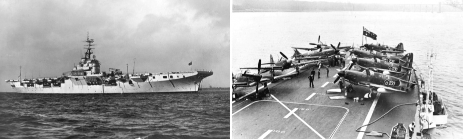 Left: Sydney at anchor prior to embarking her air group. Right: Royal Navy Mk IV Fireflies were used to work-up 816 Squadron prior to Sydney's return voyage to Australia.