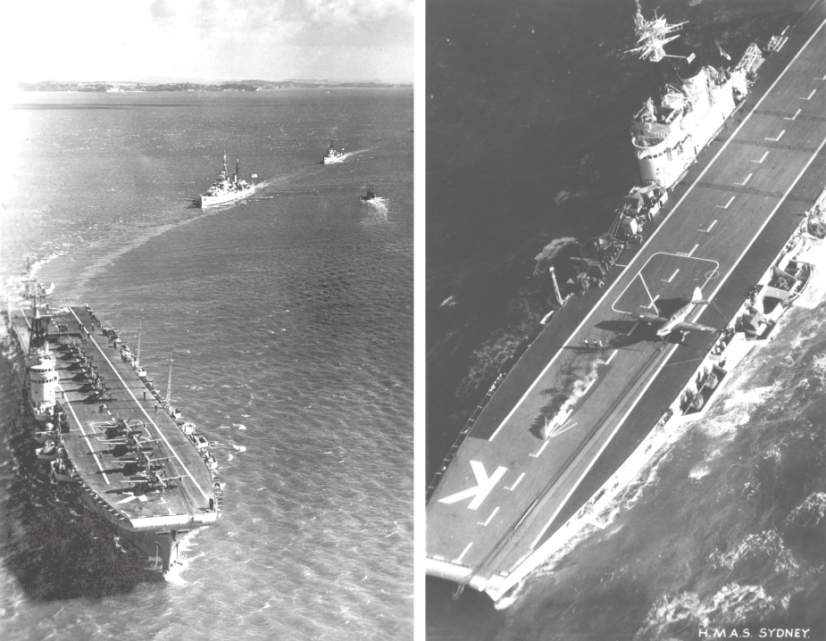 Left: HMAS Sydney (III) leads RNZN and RAN units into Auckland, 15 March 1950. Right: A Firefly ranged on Sydney's flight deck.
