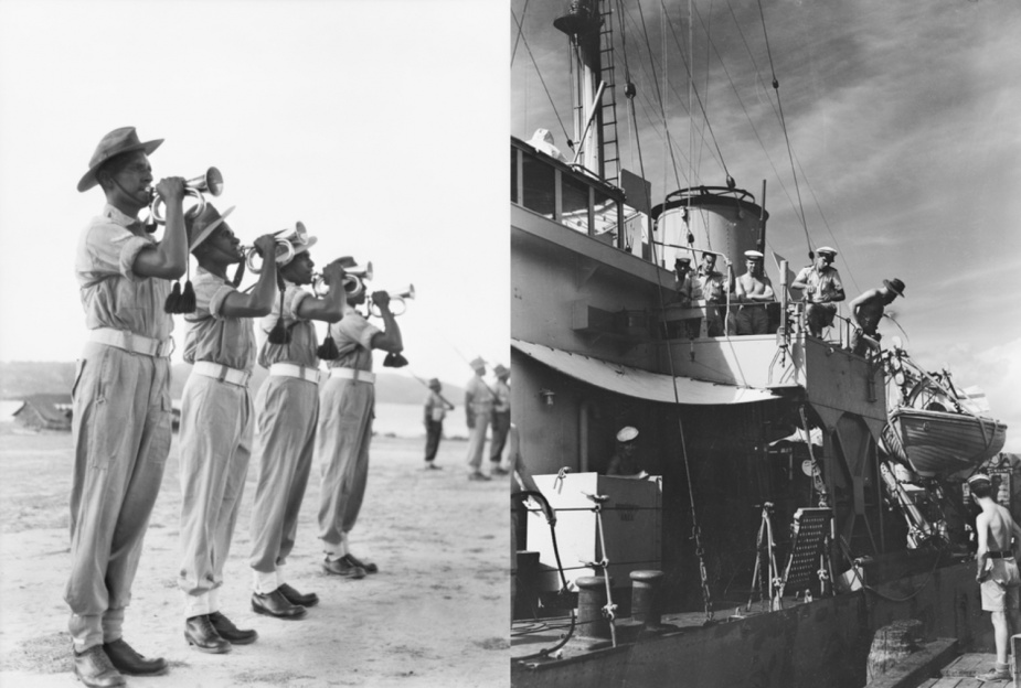 Left: Members of the Torres Strait Light Infantry Battalion at Thursday Island. (AWM 119195) Right: HMAS Rockhampton berthing at Thursday Island. (AWM 119164)