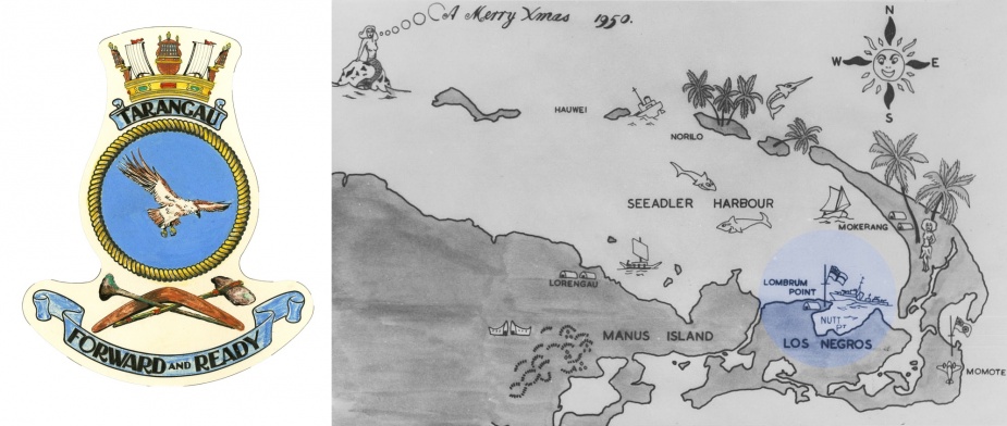 Left: HMAS Tarangau's badge. Right: An overview of Manus and Los Negros Islands captured on a 1950s Christmas card.