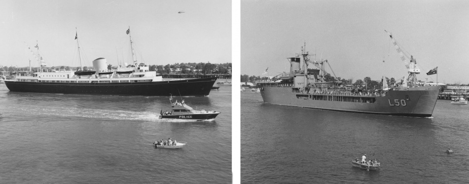 Tobruk escorting HMY Britannia up the Brisbane River to participate in Commonwealth Games Festivities, Brisbane, Qld.