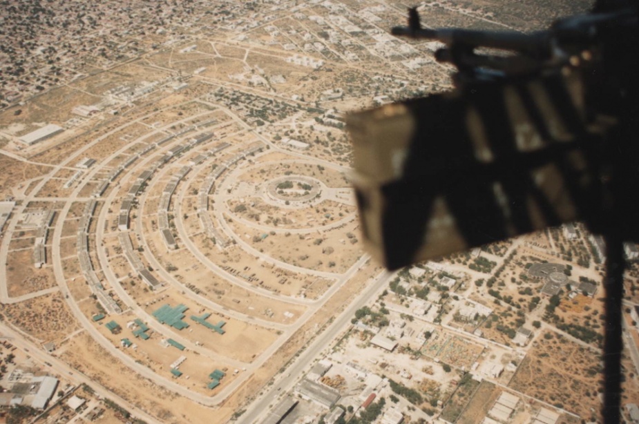 Tobruk's Sea King helicopter flying over Mogadishu in 1993.