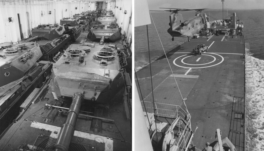 Examples of Tobruk's tri-service support role. Left: Army Leopard AS1 Main Battle Tanks on Tobruk's tank deck. Right: A RAAF Chinook C-47A preparing to lift an Army Land Rover from Tobruk's forward flight deck.