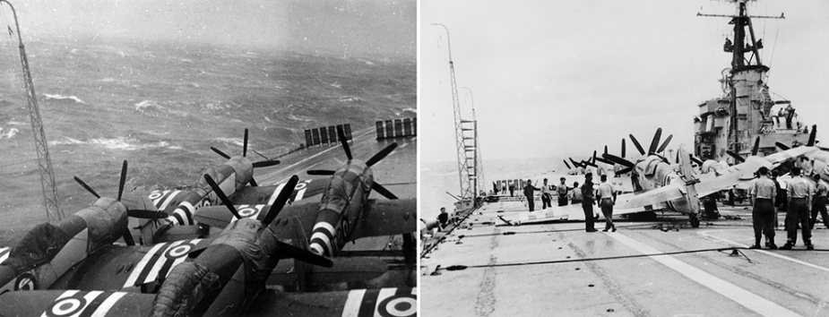 Left: Sydney negotiates Typhoon Ruth with her aircraft lashed to the deck.  Right: The aftermath of Typhoon Ruth on HMAS Sydney.