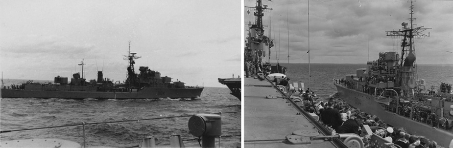 8. Left: Voyager making an approach to come alongside the RAN flagship HMAS Melbourne. Right: Voyager viewed from Melbourne's flight deck during families day, October 1959.