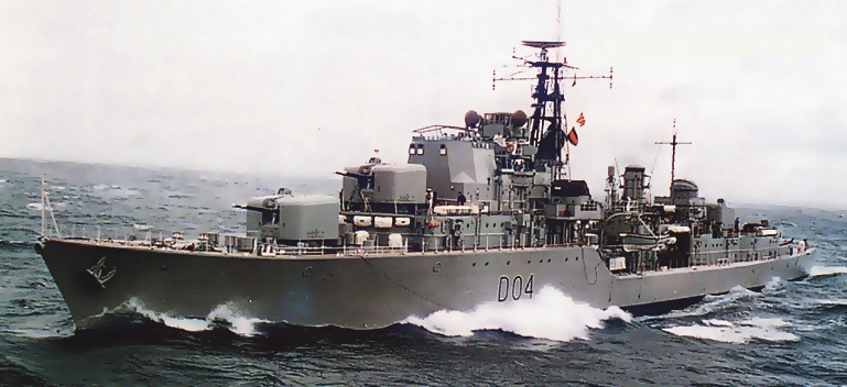 Voyager at sea in a moderate swell. Note the classic 'destroyer lines' of the Daring Class that were fondly known as the 'last of the true gun ships'.