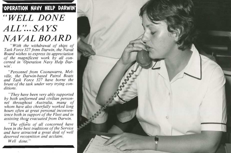 Left: Navy News 31 January-14 February 1975; Right: A member of the Women's Royal Australian Naval Service (WRANS) receiving emergency calls at the Darwin Police Station. WRANS, who were stationed at HMAS Coonawarra, served in a variety of roles including nursing, communications and repairs.