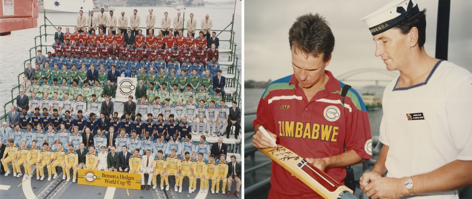 Left: The WSC teams pose on Canberra's flight deck. Right: RAN clearance diver Warren Dean did not miss the opportunity to have a bat signed by visiting cricketers.
