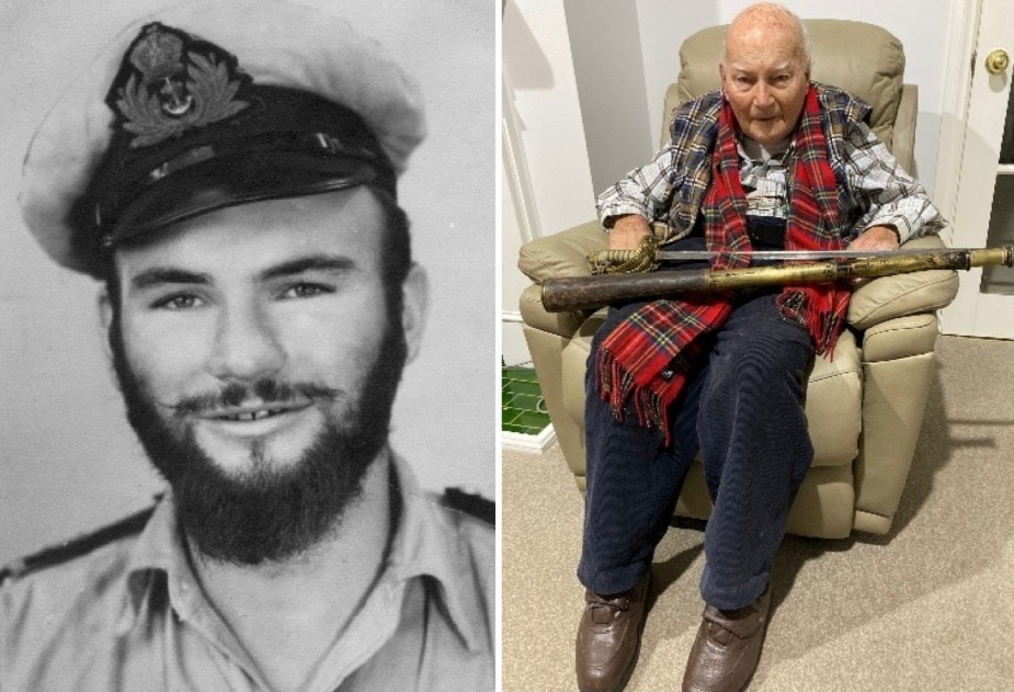 WEJ Paradice's son would also serve in the RAN. Left: Sub Lieutenant William 'John' Houston Paradice, RAN, circa 1945. (Paradice collection) Right: William 'John' Houston Paradice with his father’s sword and telescope, circa 2020. (Paradice collection)