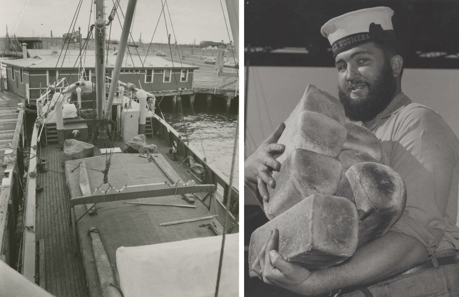 Left: Looking down on Woomera's main deck at her hold which would be filled with obsolete ordnance for dumping at sea. Right: Stoker Ray Macklin embarks fresh bread for the ships galley.